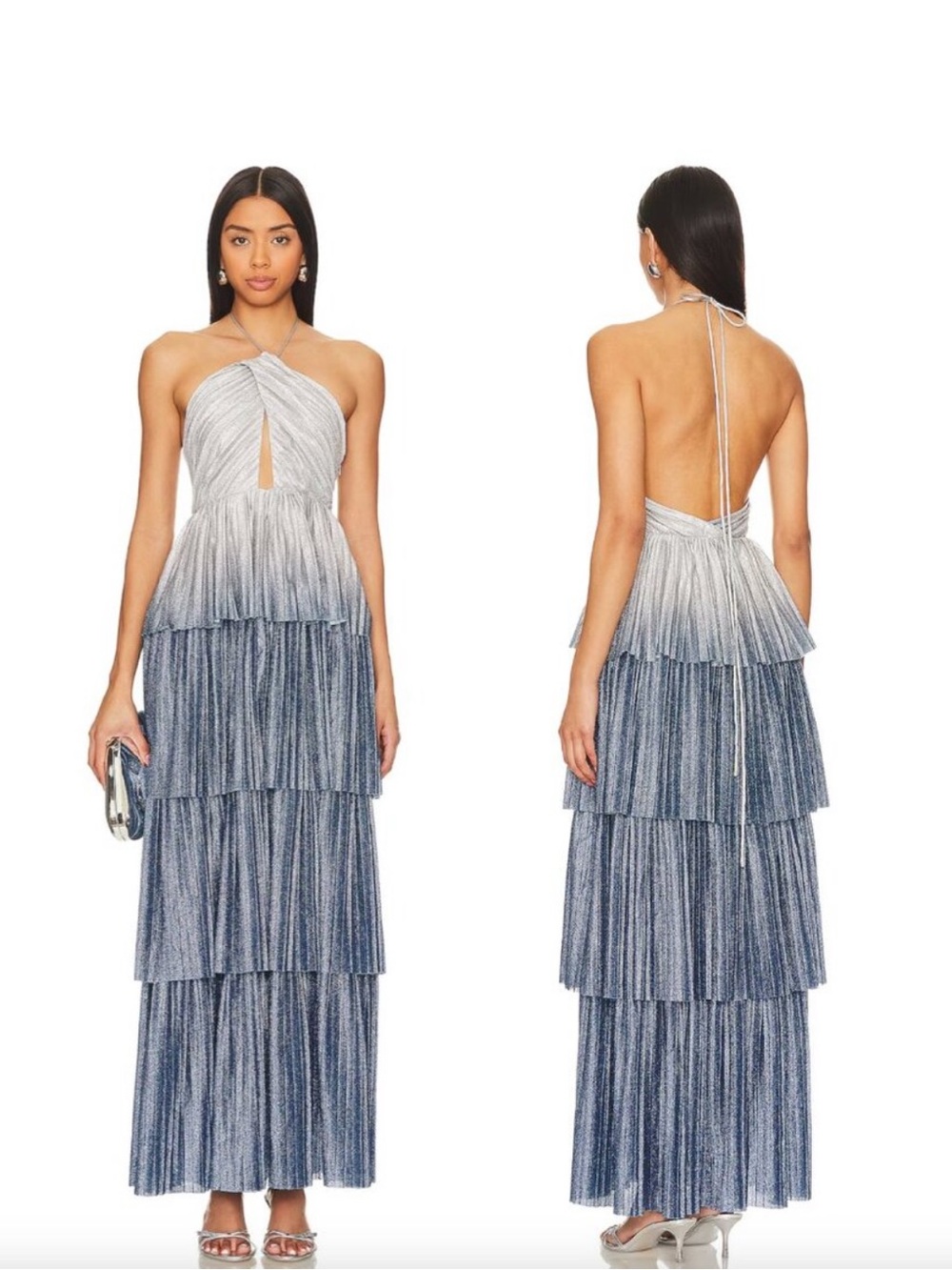 Line & Dot Oracle Maxi Dress Denim Blue Halter Tiered Ruffle Formal Gown